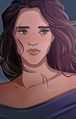 A somber half-elven woman with brown hair and storm blue eyes